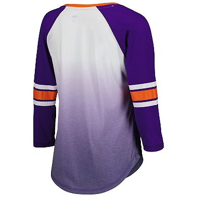 Women's G-III 4Her by Carl Banks White/Purple Clemson Tigers Lead Off Ombre Raglan 3/4-Sleeve V-Neck T-Shirt