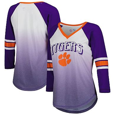 Women's G-III 4Her by Carl Banks White/Purple Clemson Tigers Lead Off Ombre Raglan 3/4-Sleeve V-Neck T-Shirt