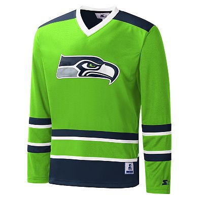 Men's Starter Neon Green Seattle Seahawks Cross-Check V-Neck Long Sleeve T-Shirt