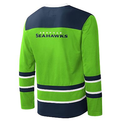 Men's Starter Neon Green Seattle Seahawks Cross-Check V-Neck Long Sleeve T-Shirt