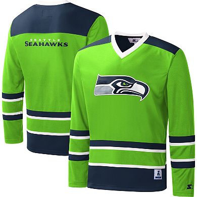 Men's Starter Neon Green Seattle Seahawks Cross-Check V-Neck Long Sleeve T-Shirt