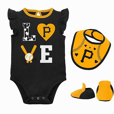 Newborn & Infant Black/Gold Pittsburgh Pirates Three-Piece Love of Baseball Bib Bodysuit & Booties Set