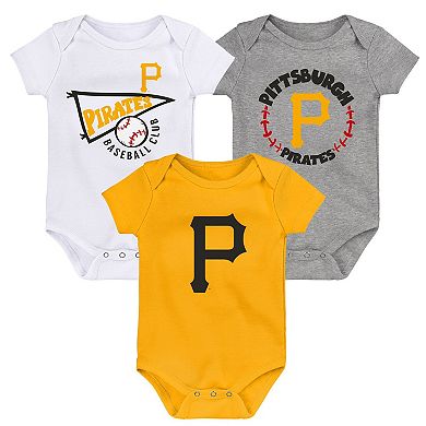 Infant Gold/White/Heather Gray Pittsburgh Pirates Biggest Little Fan 3-Pack Bodysuit Set