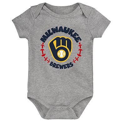 Infant Gold/White/Heather Gray Milwaukee Brewers Biggest Little Fan 3-Pack Bodysuit Set