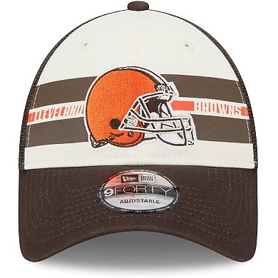 Men's New Era Cream/Brown Cleveland Browns Team Stripe Trucker 9FORTY Snapback Hat