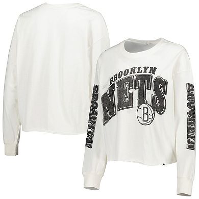 Women's '47 Cream Brooklyn Nets Parkway Brush Back Long Sleeve Cropped T-Shirt