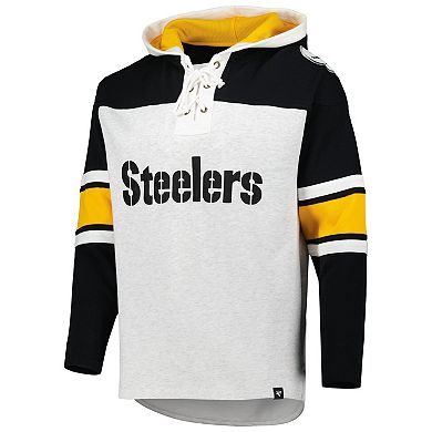 Men's '47 Pittsburgh Steelers Heather Gray Gridiron Lace-Up Pullover Hoodie