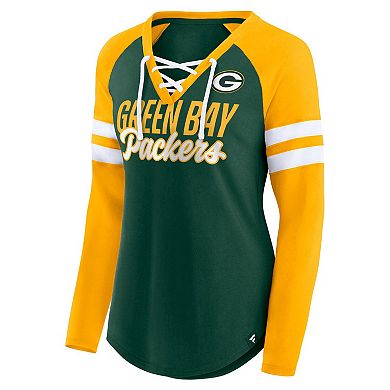 Women's Fanatics Green/Gold Green Bay Packers True to Form Raglan Lace-Up V-Neck Long Sleeve T-Shirt