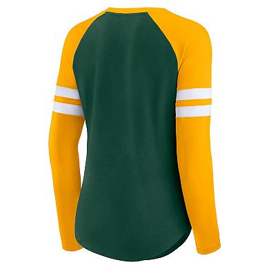 Women's Fanatics Green/Gold Green Bay Packers True to Form Raglan Lace-Up V-Neck Long Sleeve T-Shirt
