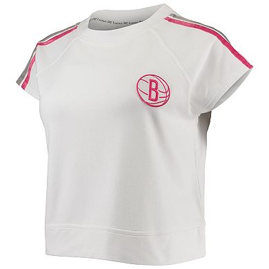 Women's Lusso White Brooklyn Nets Margot Cropped Tri-Blend Cap Sleeve Sweatshirt