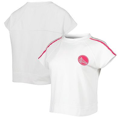 Women's Lusso White Golden State Warriors Margot Cropped Tri-Blend Cap Sleeve Sweatshirt