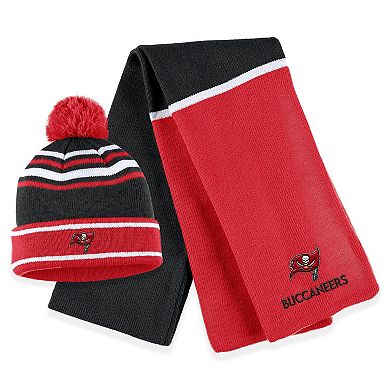 Women's WEAR by Erin Andrews Red Tampa Bay Buccaneers Colorblock Cuffed Knit Hat with Pom and Scarf Set