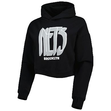 Women's Lusso Black Brooklyn Nets Layla World Tour Cropped Pullover Hoodie