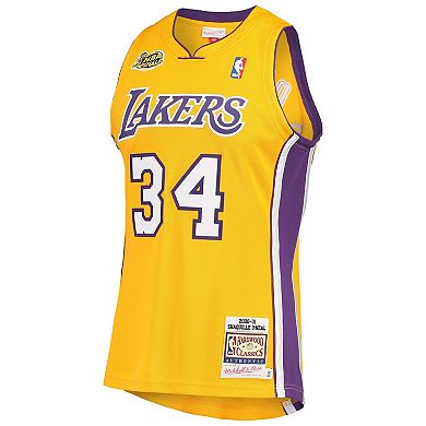 Men's Mitchell & Ness Shaquille O'Neal Gold Los Angeles Lakers 2000 NBA Finals Hardwood Classics Authentic Jersey