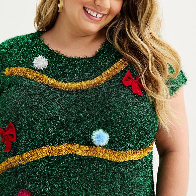 Juniors' Plus Size Celebrate Together Short Sleeve Tinsel Tree Fit & Flare Dress