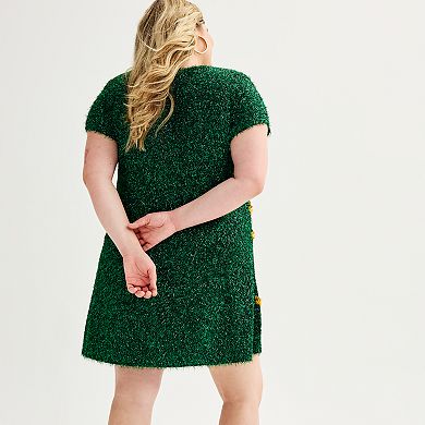 Juniors' Plus Size Celebrate Together Short Sleeve Tinsel Tree Fit & Flare Dress