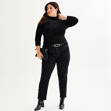 Plus Size INTEMPO Cold Shoulder Mock Neck Embellished Sweater