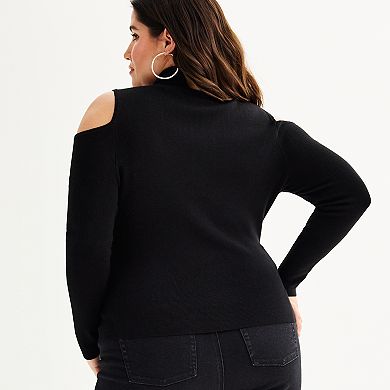 Plus Size INTEMPO Cold Shoulder Mock Neck Embellished Sweater