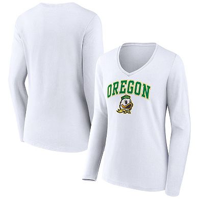 Women's Fanatics Branded White Oregon Ducks Evergreen Campus Long Sleeve V-Neck T-Shirt