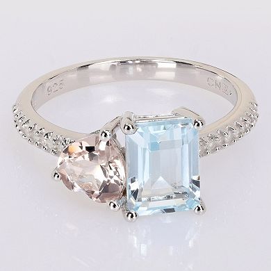Stella Grace Sterling Silver Sky Blue Topaz, Morganite & 1/10 Carat T.W Diamond Toi & Moi Ring