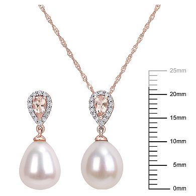 Stella Grace 10k Rose Gold Freshwater Cultured Pearl, Morganite & 1/5 Carat T.W. Diamond Drop Earrings & Pendant