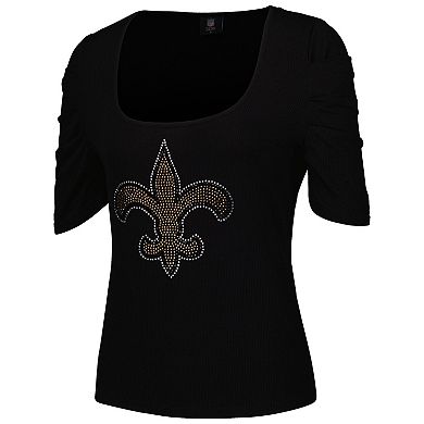 Women's Cuce Black New Orleans Saints Puff Sleeve Scoop Neck Top