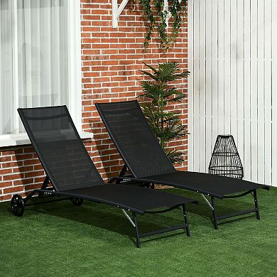 Outsunny Patio Chaise Lounge Chair Set of 2, 2 Piece Outdoor Recliner with Wheels, 5 Level Adjustable Backrest for Garden, Deck & Poolside, Black