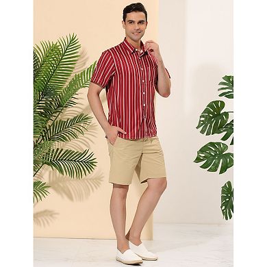Men's Casual Summer Beach Short Sleeves Button Down Striped Shirt