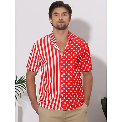 Men's Summer Stripe Polka Dots Short Sleeves Button Patchwork Shirt