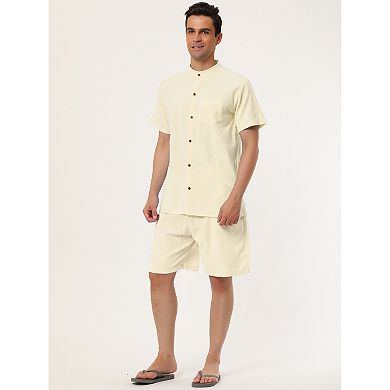Men's Linen Sets Band Collar Button Down Short Sleeves Shirt Solid Beach Shorts