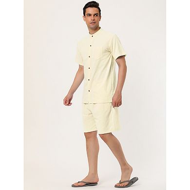 Men's Linen Sets Band Collar Button Down Short Sleeves Shirt Solid Beach Shorts