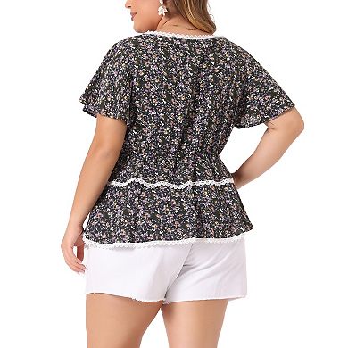 Plus Size Tiered Blouse for Women Floral Babydoll Sweetheart Ruffle Short Sleeve Top