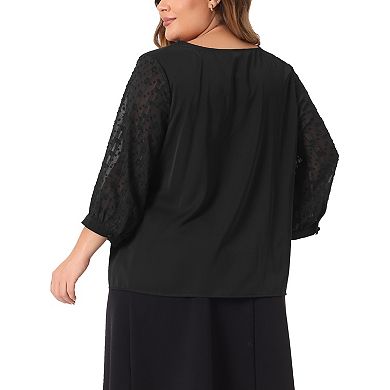 Spring Plus Size Women's V Neck Lace 3/4 Sleeves Top Casual Blouse