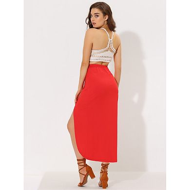 Women's Long Casual Elastic Waist Side Split Slit Asymmetrical Skirt