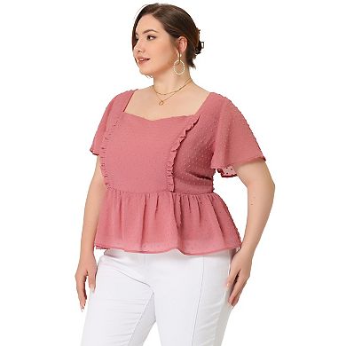 Plus Size Peplum Tops for Women Flare Sleeve Sweetheart Neck Swiss Dots Blouses