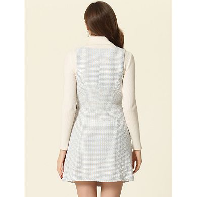 Women's Button V Neck Plaid Tweed High Waist Office Overall Dress
