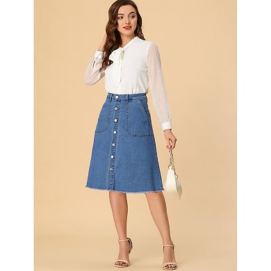 Women's Denim Skirt Raw Hem Button Down A-Line Midi Jeans Skirts