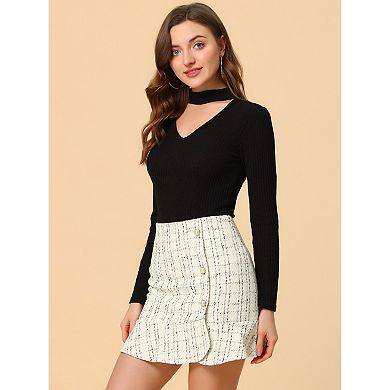 Women's Plaid Ruffle Hem Button Decor Tweed Mini Skirts
