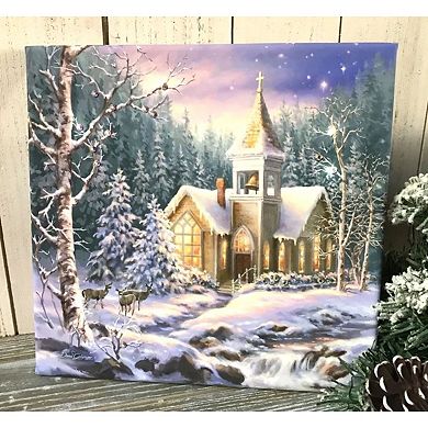 White and Brown Christmas Chapel Pizazz Print Framed Wall Decor 10" x 10"