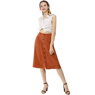 Women's Button Front Elastic High Waist Belted Knee Length Skirt