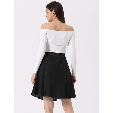 Women's Casual High Waist A-line Flared Pleated Midi Denim Skirt