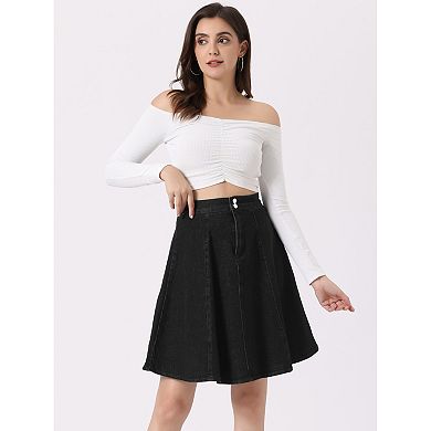 Women's Casual High Waist A-line Flared Pleated Midi Denim Skirt