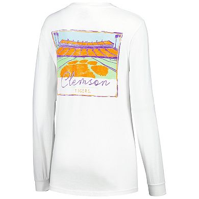 Women's White Clemson Tigers Hand-Drawn Stadium Comfort Colors Oversized Long Sleeve T-Shirt