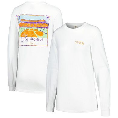 Women's White Clemson Tigers Hand-Drawn Stadium Comfort Colors Oversized Long Sleeve T-Shirt