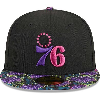 Men's New Era Black Philadelphia 76ers Dark Fantasy Neon Lotus Flower 59FIFTY Fitted Hat