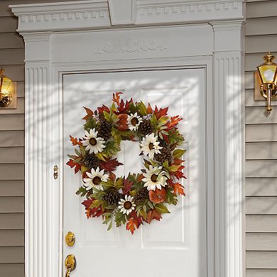 National Tree Company Harvest Mixed Wreath with Maple Leaves, Mixed Pumpkins, Sunflowers & Cones