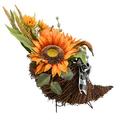 National Tree Company Harvest Corn Basket with Mixed Leaves, Sunflower & Bow