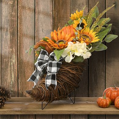 National Tree Company Harvest Corn Basket with Mixed Leaves, Sunflower & Bow