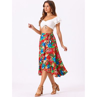 Women's Floral Print Ruffle Self Tie Knot Split Beach Wrap Midi Skirt
