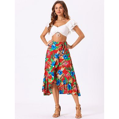 Women's Floral Print Ruffle Self Tie Knot Split Beach Wrap Midi Skirt